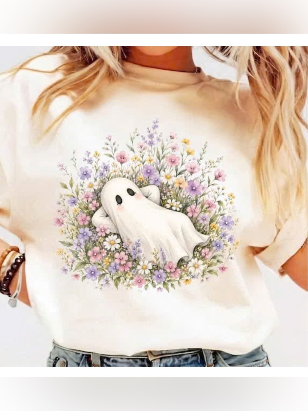 Gildan Cream Floral Ghost Graphic Tee, Vintage Cute Ghost Illustration